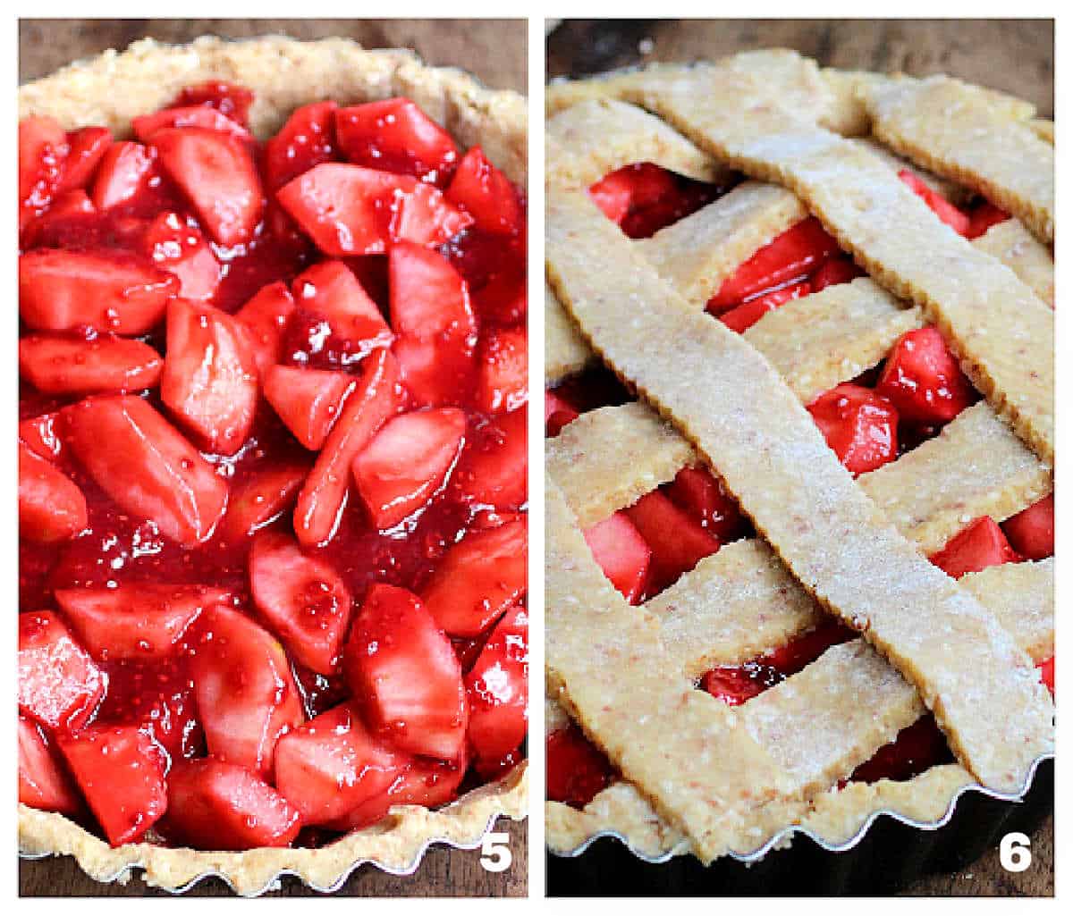 Two image collage of raw pie dough with red filling: lattice top over filling.