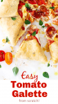 Partial view of tomato galette slices on white surface; image with text