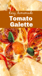 Partial view of tomato galette with herbs; image with text