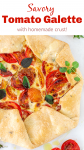 Partial view of tomato galette with herbs; image with text