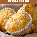 Whole muffins on beige napkin, image with text