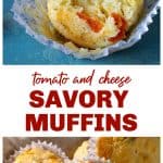 Long pin with text, half muffin on blue surface and whole muffin on beige napkin