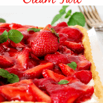 Half image of strawberry tart with mint leaves; image with red text