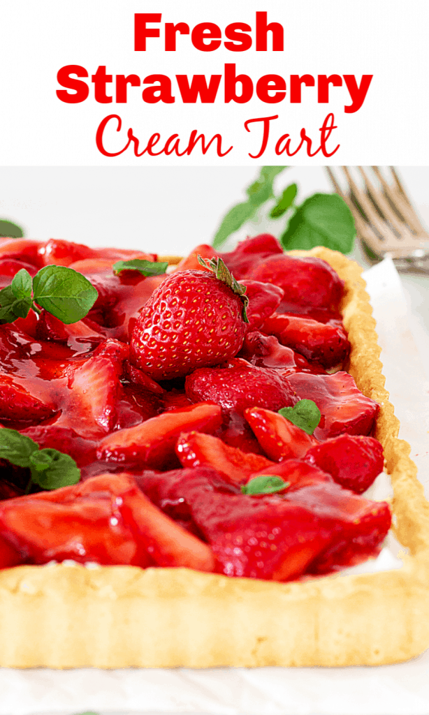 Half image of strawberry tart with mint leaves; image with red text