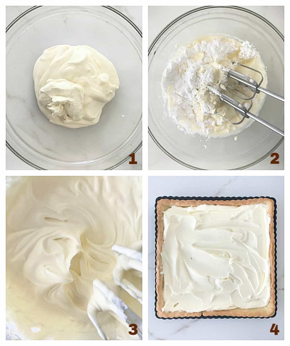 Image collage: glass bowl with cream and sugar, beaten whipped cream, and tart shell with cream