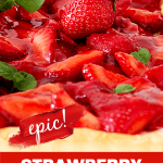 Strawberry pie close-up image with mint leaves; text beneath