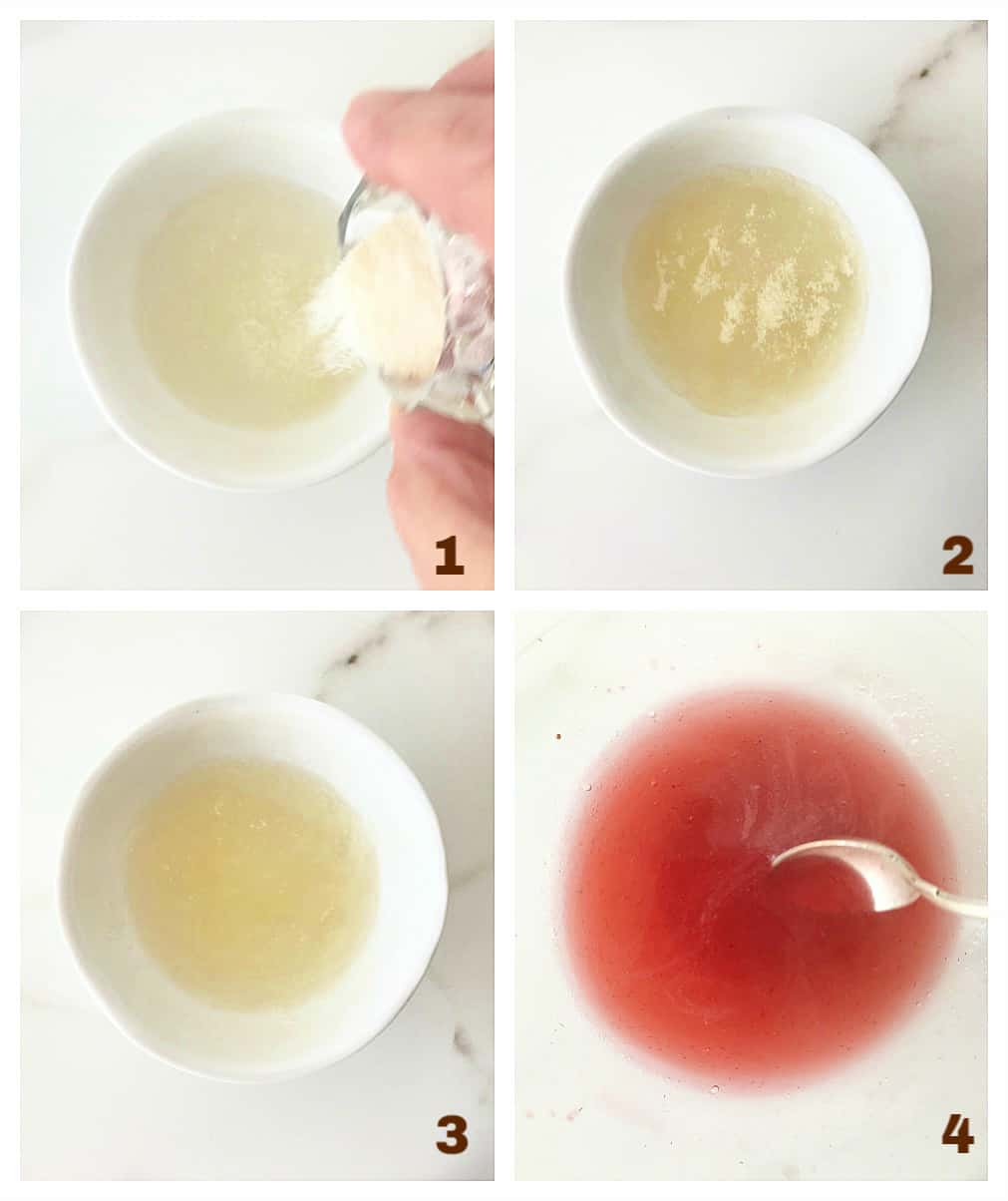 Four image collage: adding powdered gelatin to small bowl with water, and added it to strawberry juice