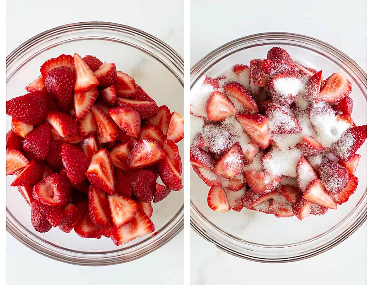 Image collage: glass bowl with fresh strawberries, the second with added sugar