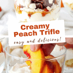 Glasses with cream and peach dessert, image with text