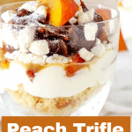 Close up of peach trifle in a glass, image with text