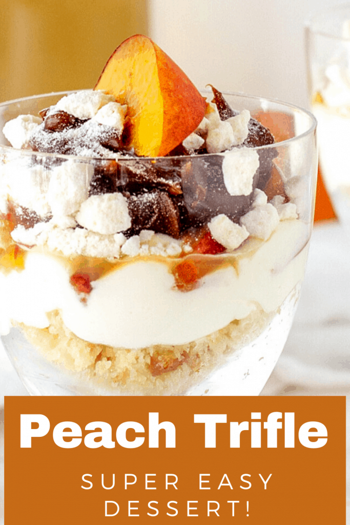 Close up of peach trifle in a glass, image with text