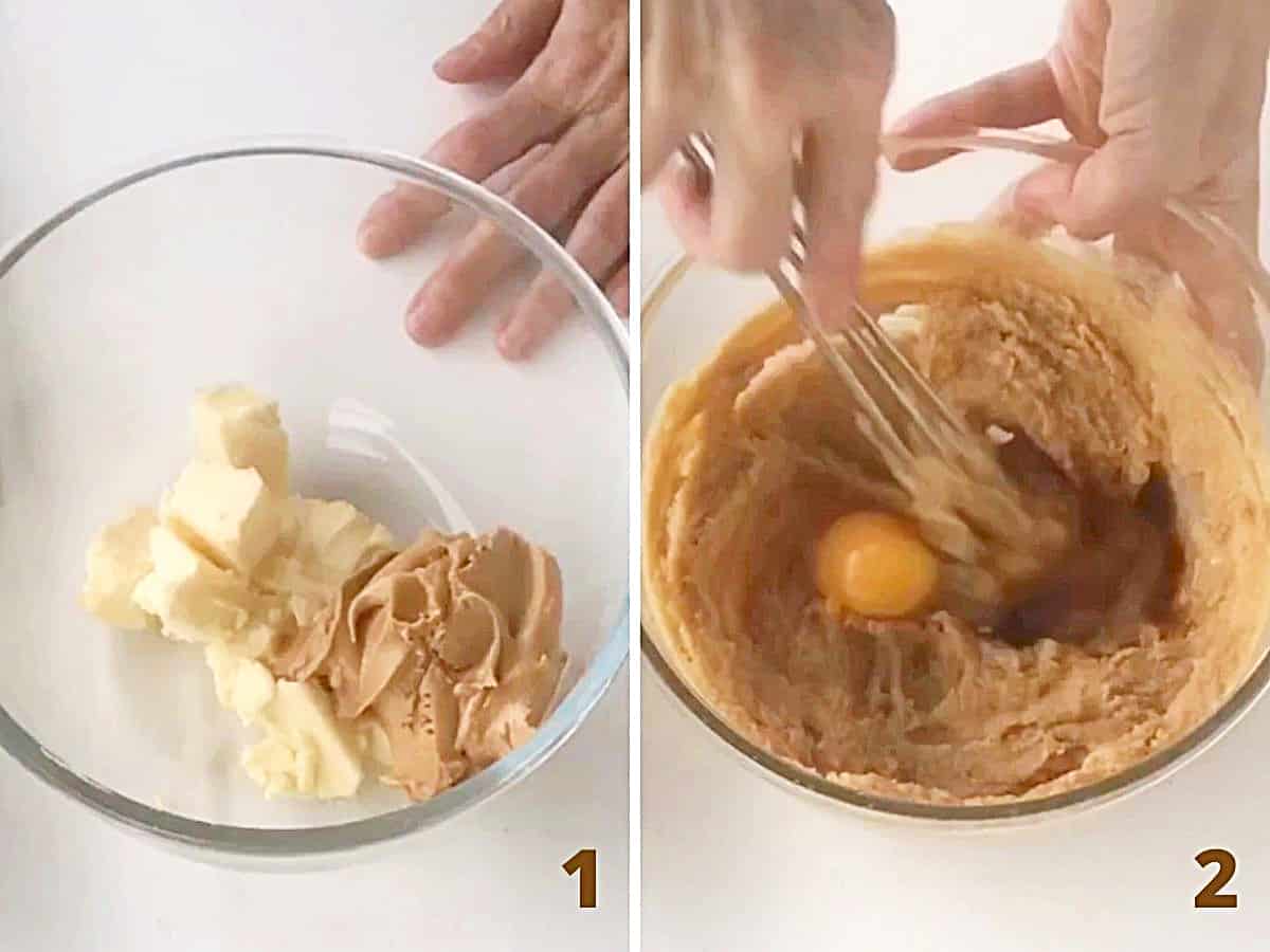 Mixing butter and peanut butter in glass bowl; adding egg and whisking; a collage