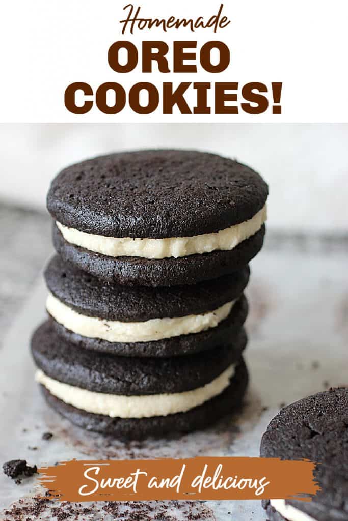 Stack of chocolate sandwich cookies, grey surface, image with text