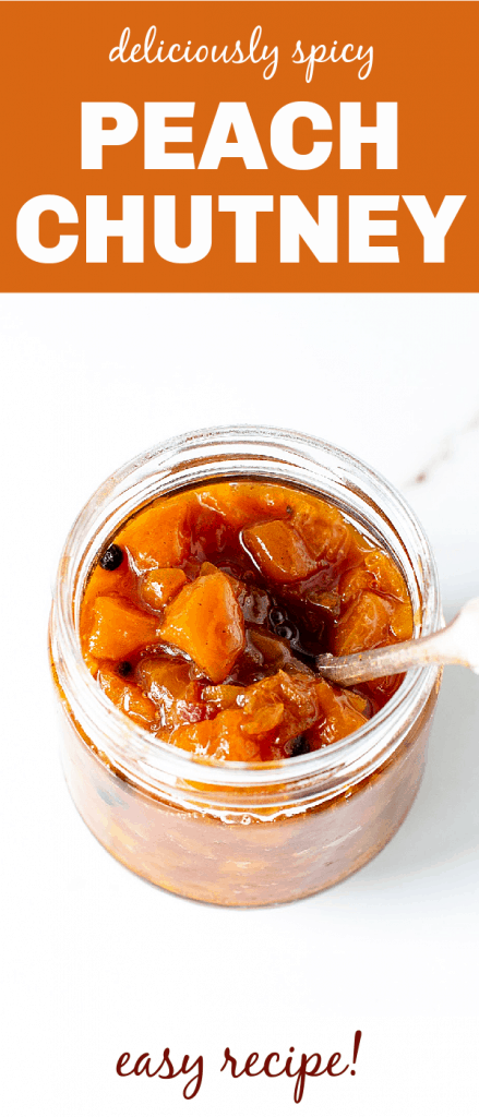 Peach chutney in glass jar with silver spoon on a white surface; long pin with text