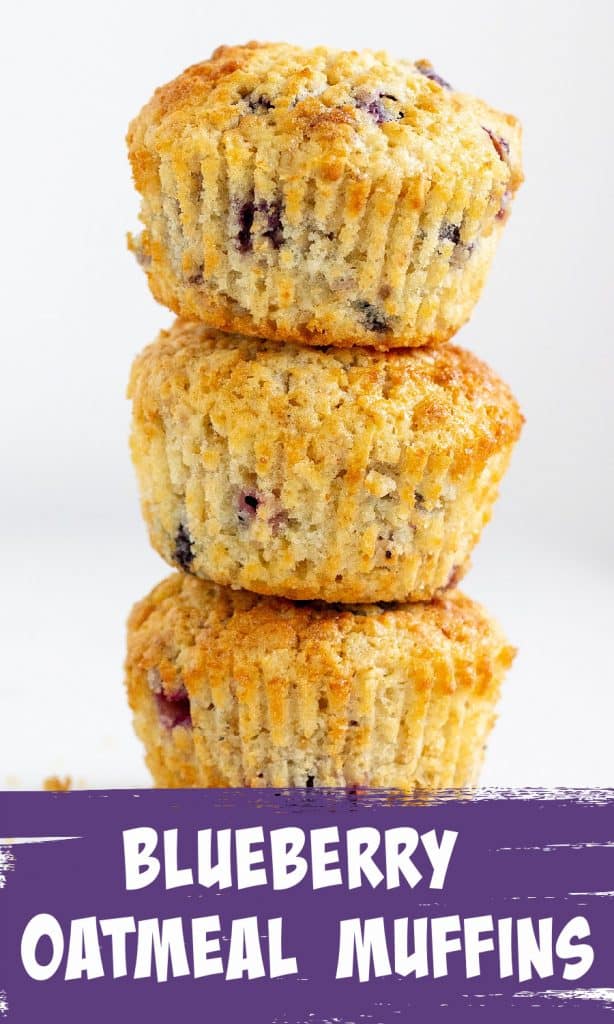 Stack of blueberry muffins, white background, image with purple and white text