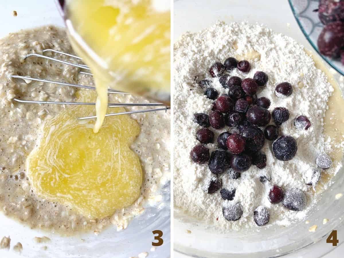Adding melted butter to dry ingredients, and then blueberries, image collage