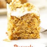 Orange text overlay on image of frosted square or carrot cake on a white plate.