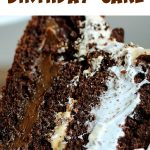 Chocolate meringue layer cake slice; close-up image with text