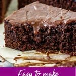 Close up of half eaten piece of chocolate cake, gooey icing; image with text