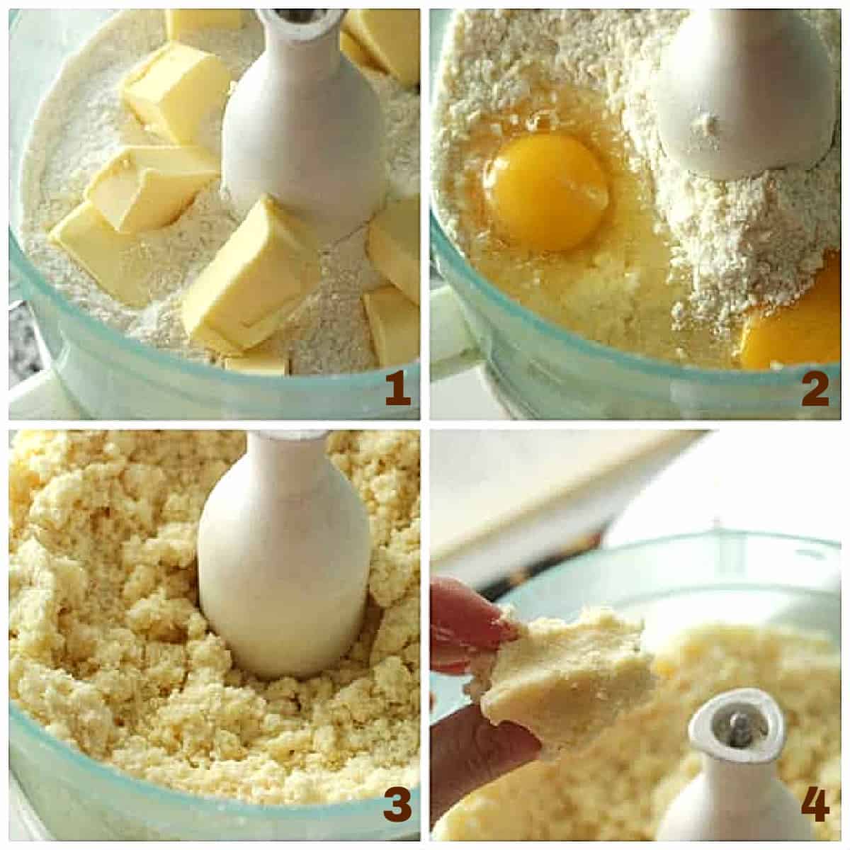 Image collage showing bowl of food processor with dry ingredients, butter, eggs and processed mixture