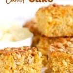 Carrot cake squares, loose walnuts, white small bowl, image with text