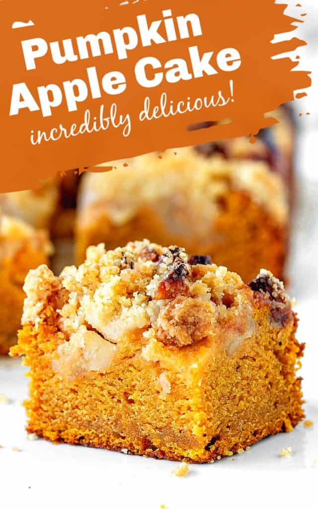 Square of crumble topped pumpkin apple cake, white surface; image with text