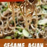 Orange chopsticks holding soba noodle salad, image with text