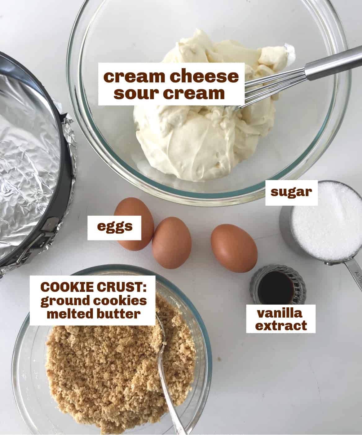 On a white surface bowls with ingredients, whole eggs, cake pan; image with text