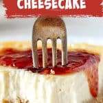Close up of eaten cheesecake slice with red jam and silver fork; image with text
