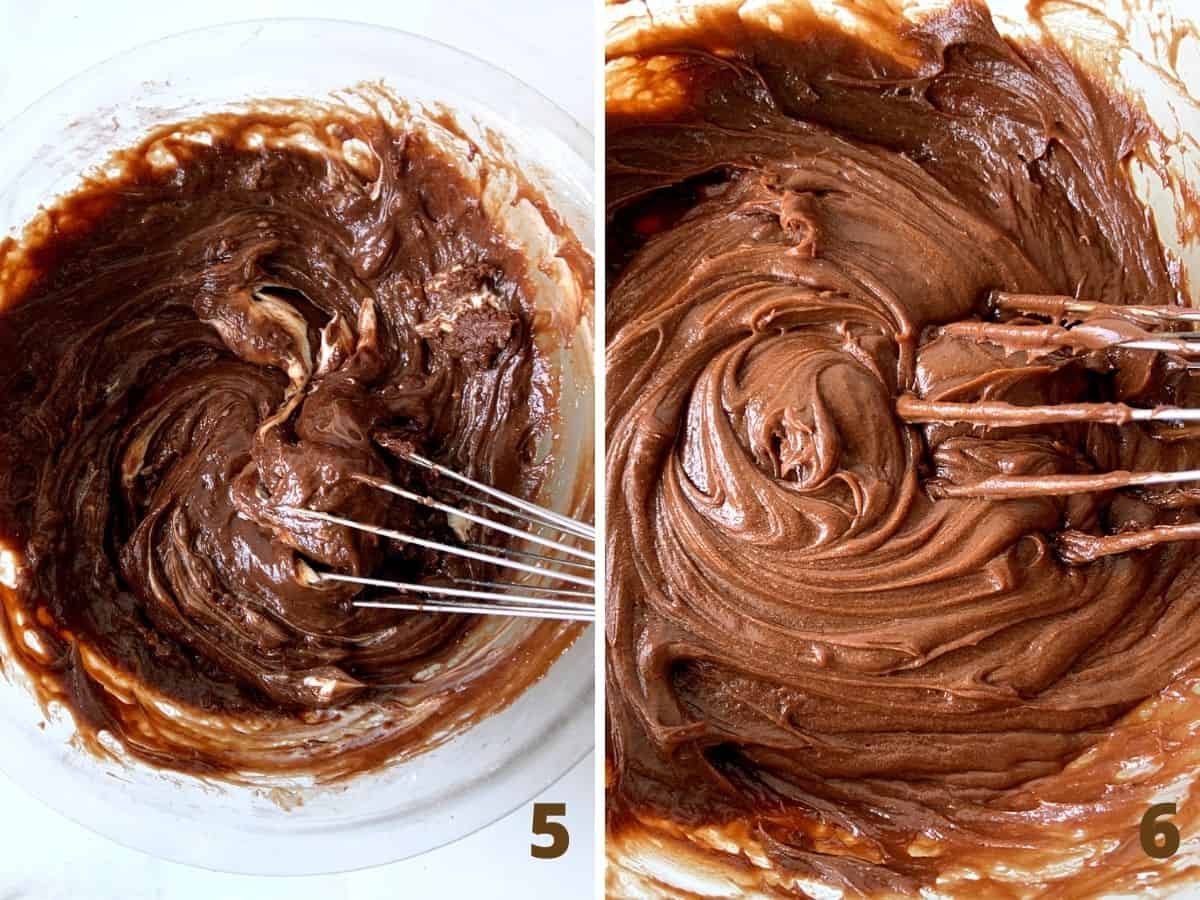 Making chocolate frosting process collage in glass bowl with metal whisk