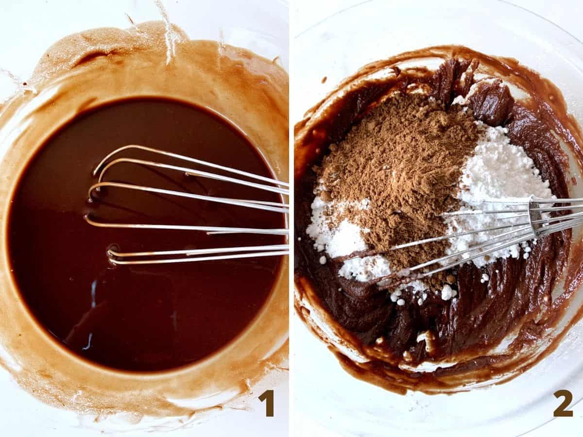 Collage showing glass bowl with a whisk containing melted chocolate and adding powdered sugar and cocoa