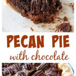Two pecan pie image collage, a slice and whole pie, brown text overlay