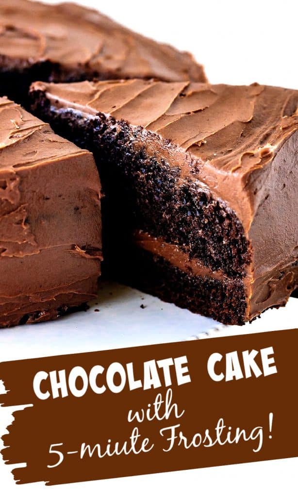 From whole frosted chocolate cake a slice being pulled out; image with text