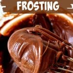 Whisk with chocolate frosting, close uo image with text
