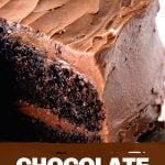Close up of slice of chocolate frosted chocolate cake, image with text
