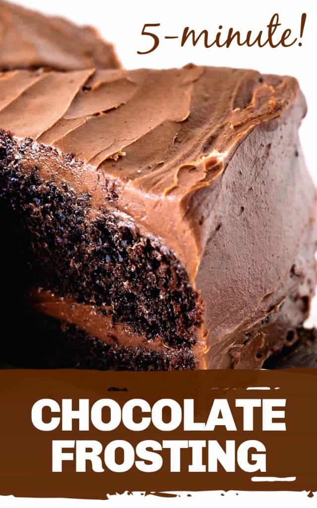 Close up of slice of chocolate frosted chocolate cake, image with text