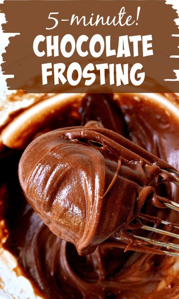 Whisk with chocolate frosting, close uo image with text