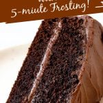 Slice of frosted chocolate layer cake on light pink plate; image with text