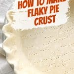 Half unbaked crimped pie crust on white surface, beige linen beneath, orange and white text overlay