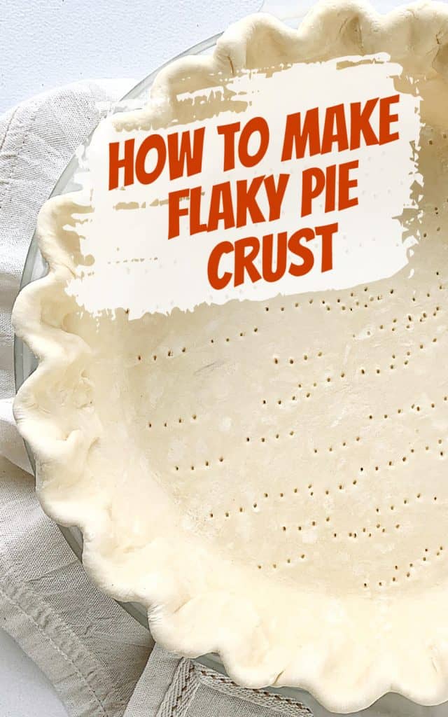 Half unbaked crimped pie crust on white surface, beige linen beneath, orange and white text overlay