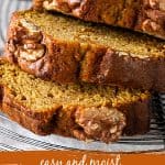 On a wire rack slices of pumpkin bread with walnuts on top, image with text