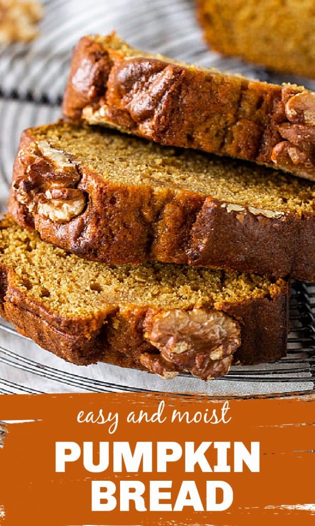 On a wire rack slices of pumpkin bread with walnuts on top, image with text