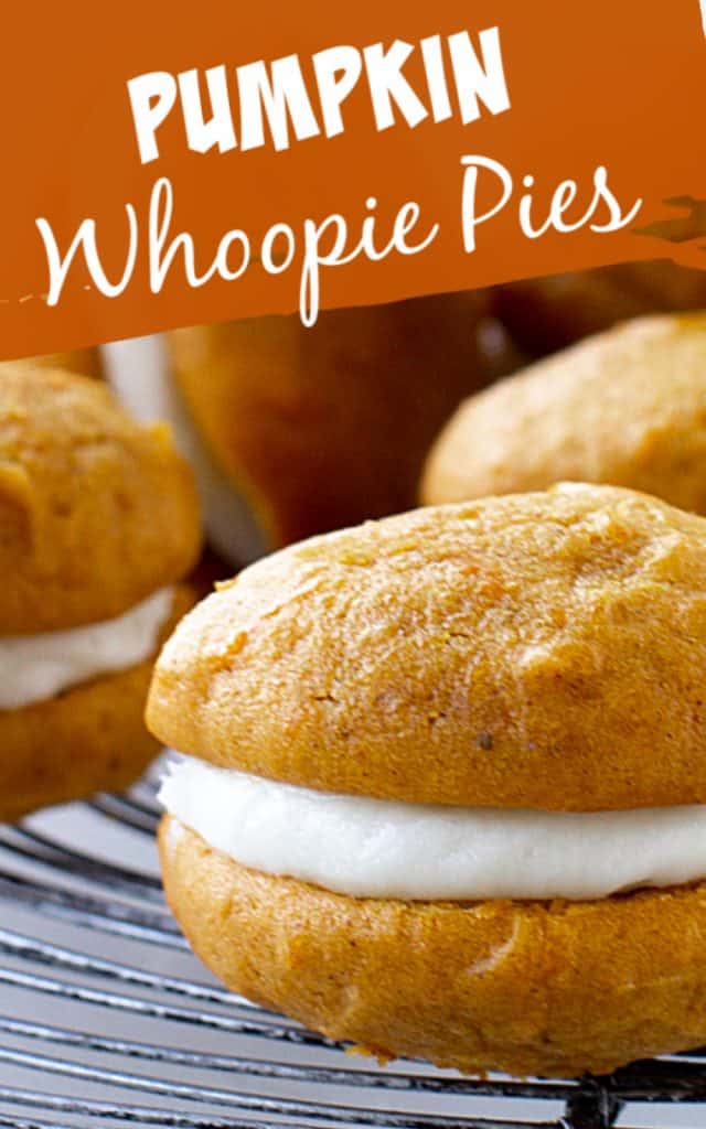 Partial view of half pumpkin whoopie pie on wire rack, image with text