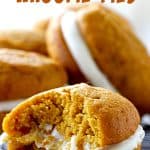 Eaten pumpkin whoopie pie on metal rack, whole pies in the background, image with text