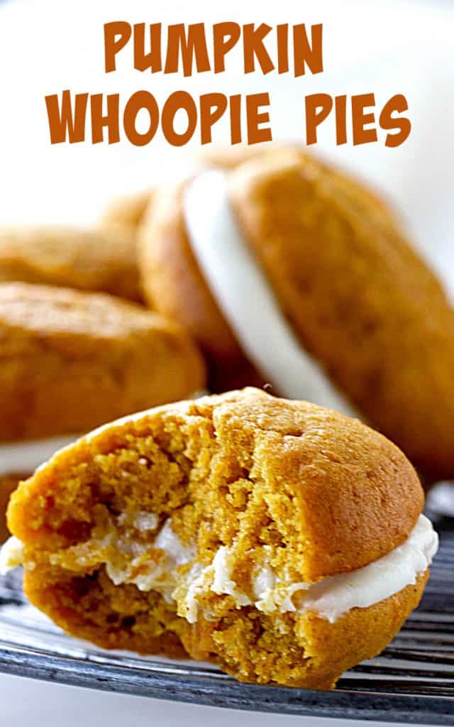Eaten pumpkin whoopie pie on metal rack, whole pies in the background, image with text