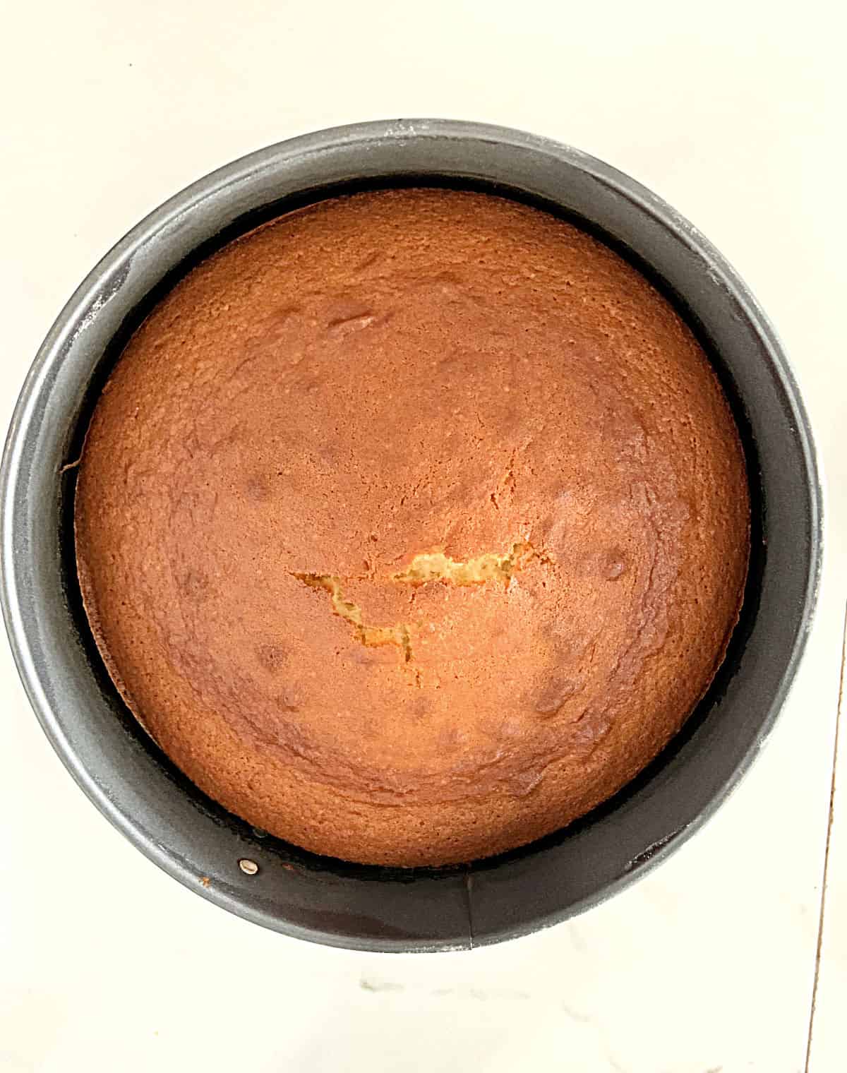Baked golden cake in a round metal pan on a white surface