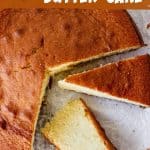 Round vanilla cake with two cut slices on white paper, image with text