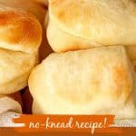 Golden dinner rolls with white, orange and brown text and overlay