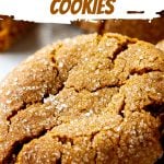 Crackly ginger cookie close-up, white brown text and overlay