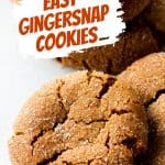 Top view of gingersnap cookie on white surface; white orange text